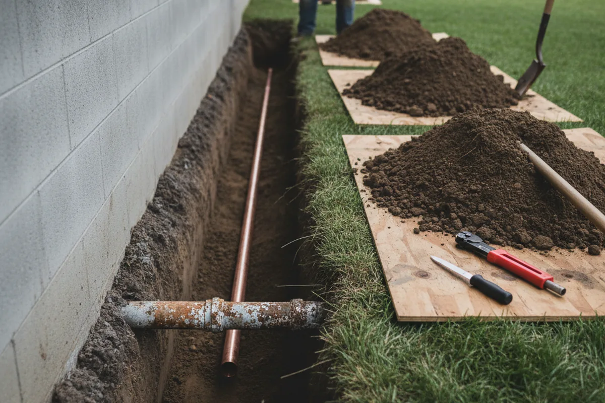 Excavated water line trench during Sewer Line Repair in Alva